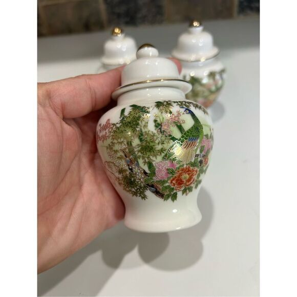 Vintage OMC Otagiri Japan Mini Urn Vase Peacock Bamboo Garden Gold Ginger Jars & - Picture 12 of 13